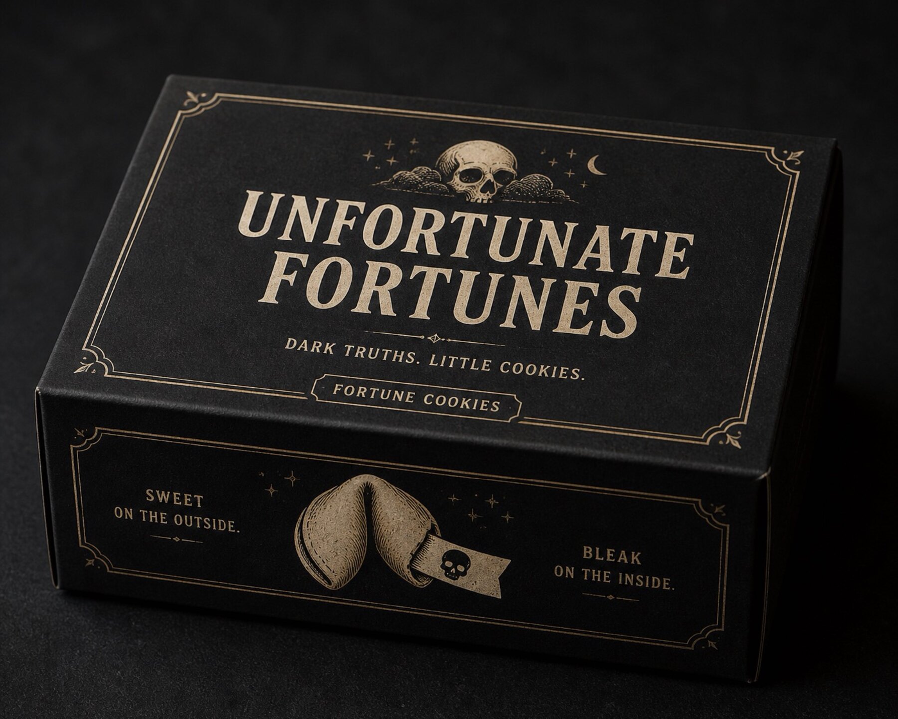 The Unfortunate Fortunes box: black box with antique gold filigree, skull-and-clouds emblem, and the wordmark UNFORTUNATE FORTUNES.